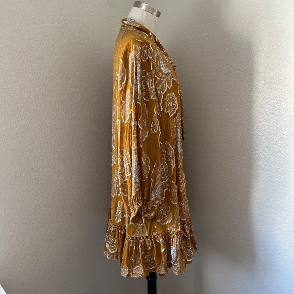 Anthropologie Maeve Flowy Mini Dress Tie Neck Long Cuffed Sleeve Gold Metallic L - Picture 6 of 16